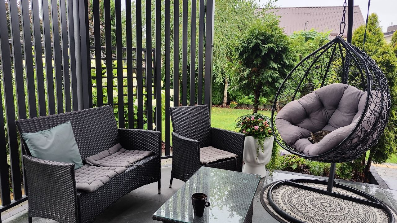 Our new garden terrace with a hanging cocoon chair