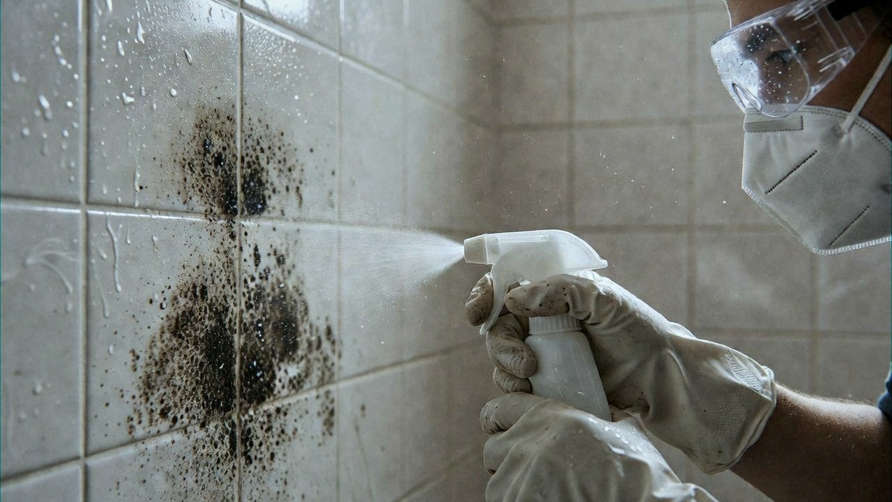 Gloved hands spraying mould remover onto black mould on a bathroom wall