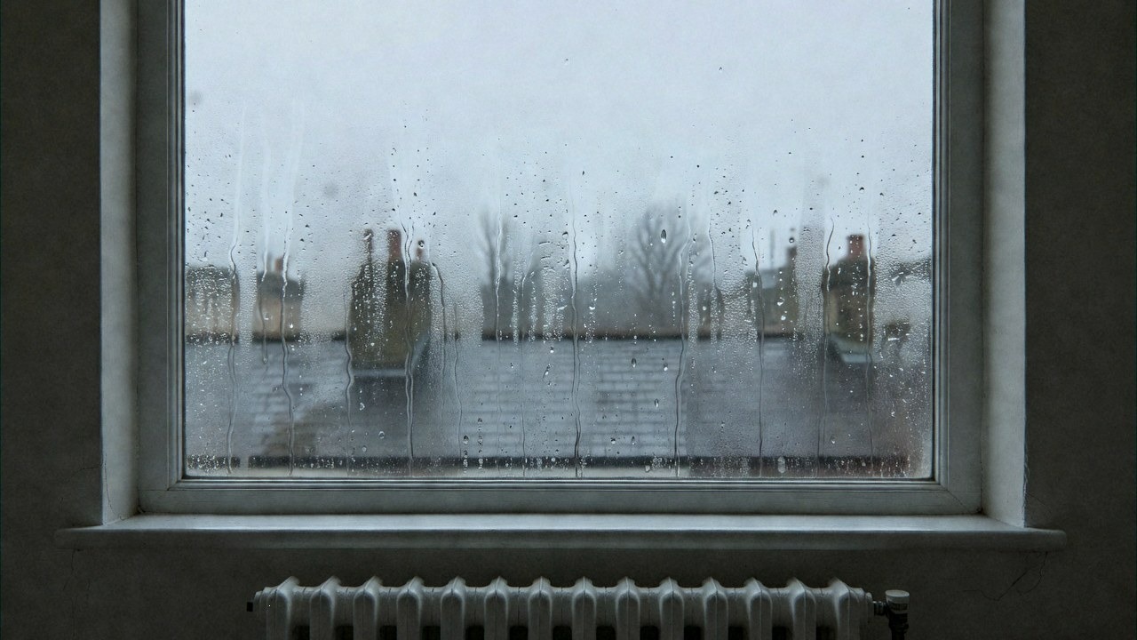 Heavy condensation running down a bedroom window on a winter morning