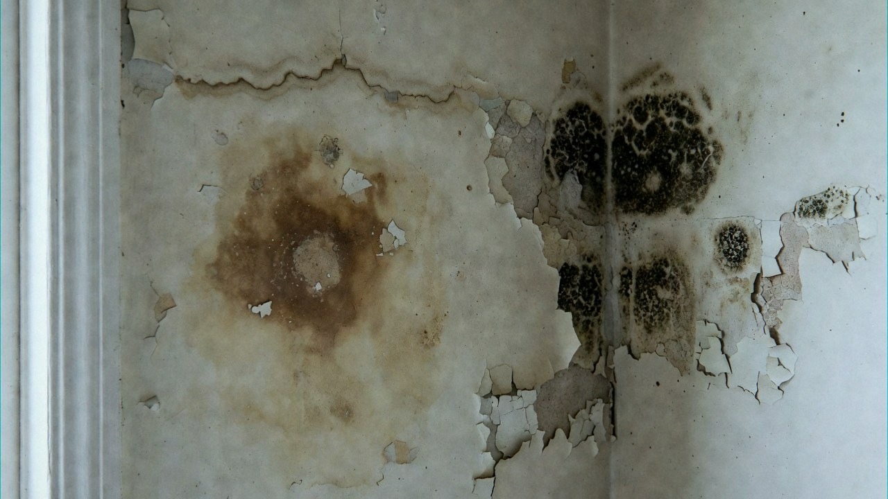 Damp patch with a tide mark next to black mould in the corner of a room