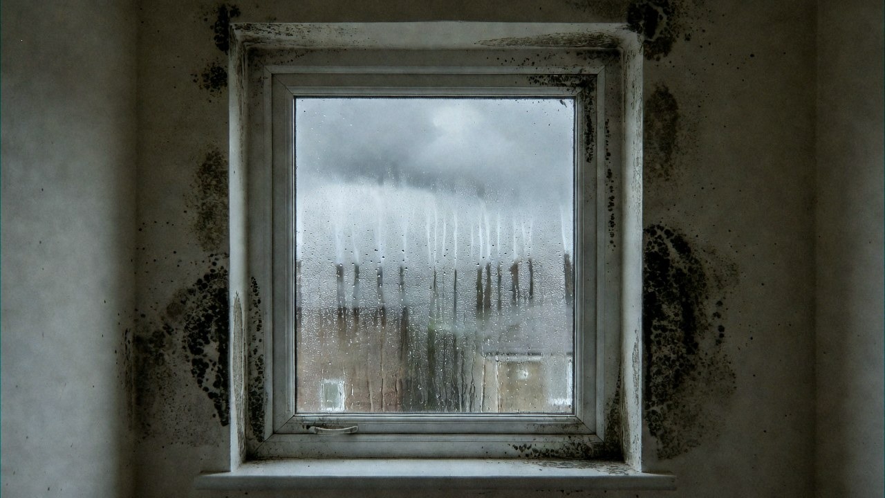 Black mould around a uPVC window frame in a rented flat